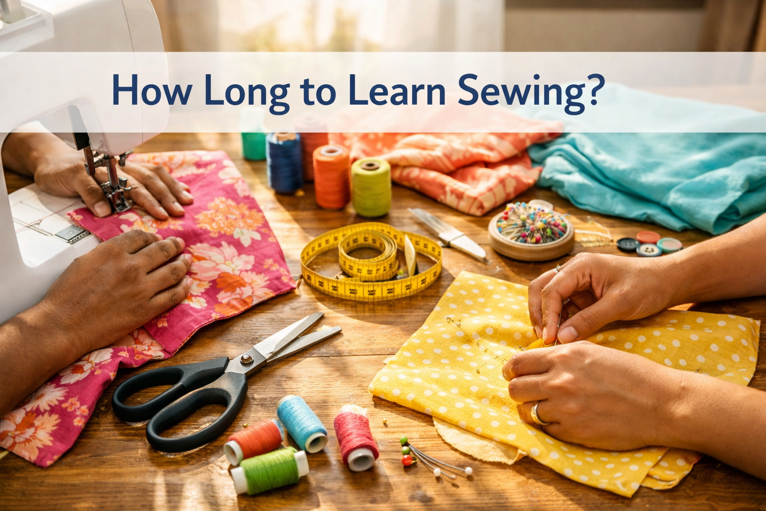 Professional () hero image featuring 'How Long to Learn Sewing?' (≤42 chars) in crisp navy on a clean white semi-transparent