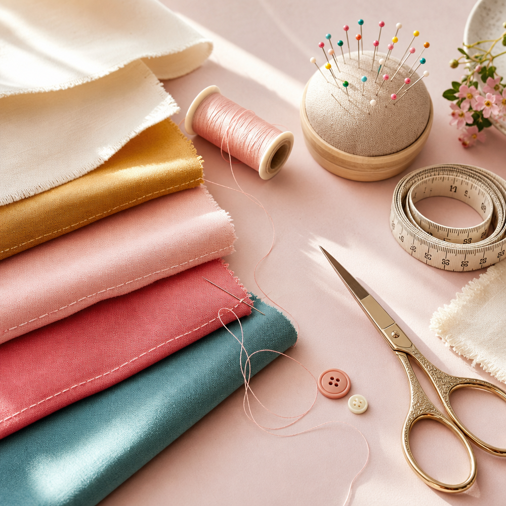 Professional () hero image showing a bright, a threaded needle mid-stitch, measuring tape, pins in a cushion, and scissors