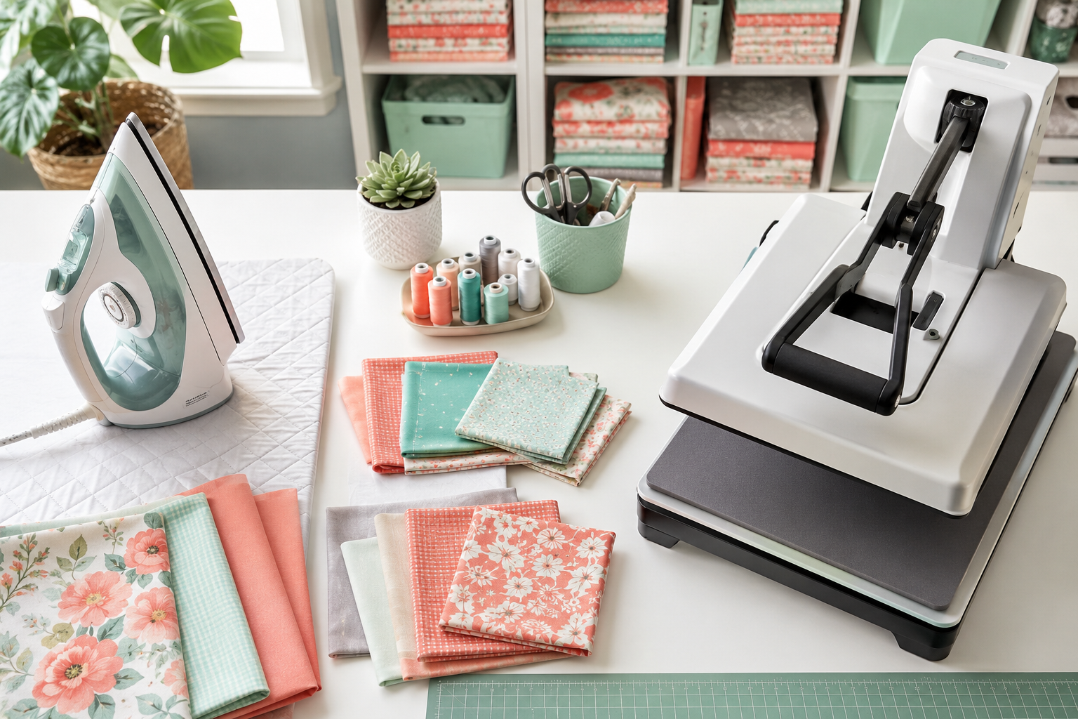 Professional () hero image showing a bright, both positioned on a white quilting table with colorful fabric swatches