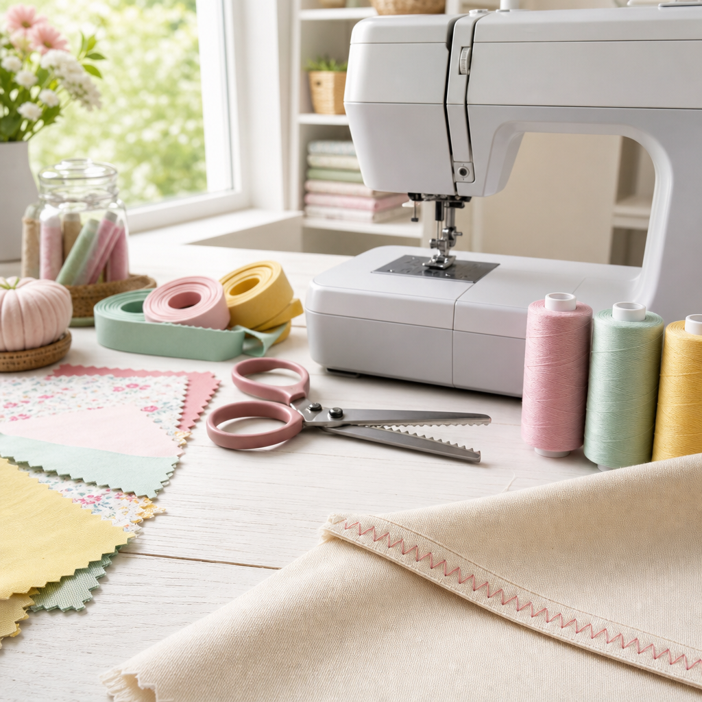 Professional () hero image showing a bright, colorful fabric swatches arranged artfully, a pair of pinking shears, bias tape