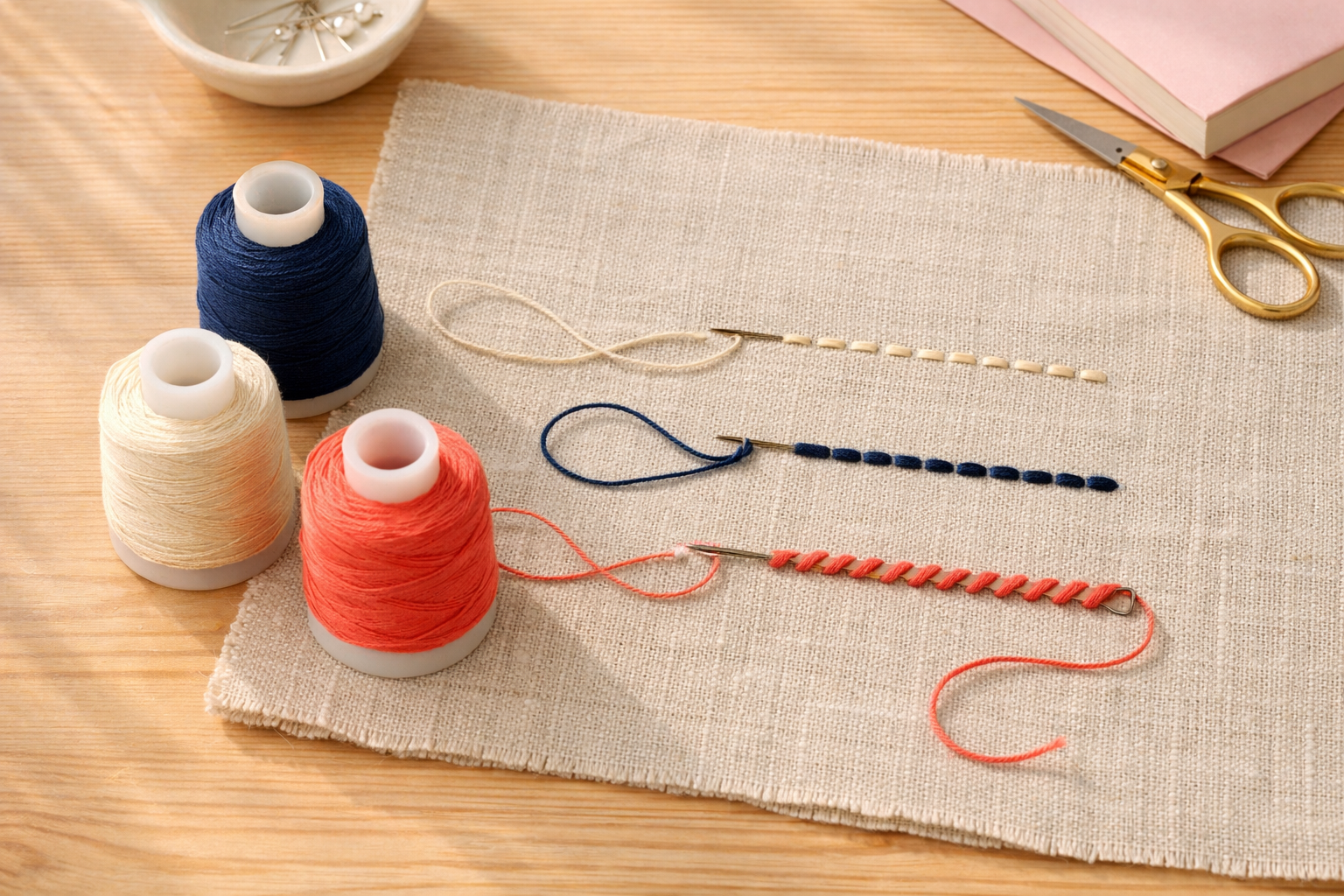 Professional () hero image showing a bright, cream, coral) arranged in a triangle, three hand-sewing needles with visible