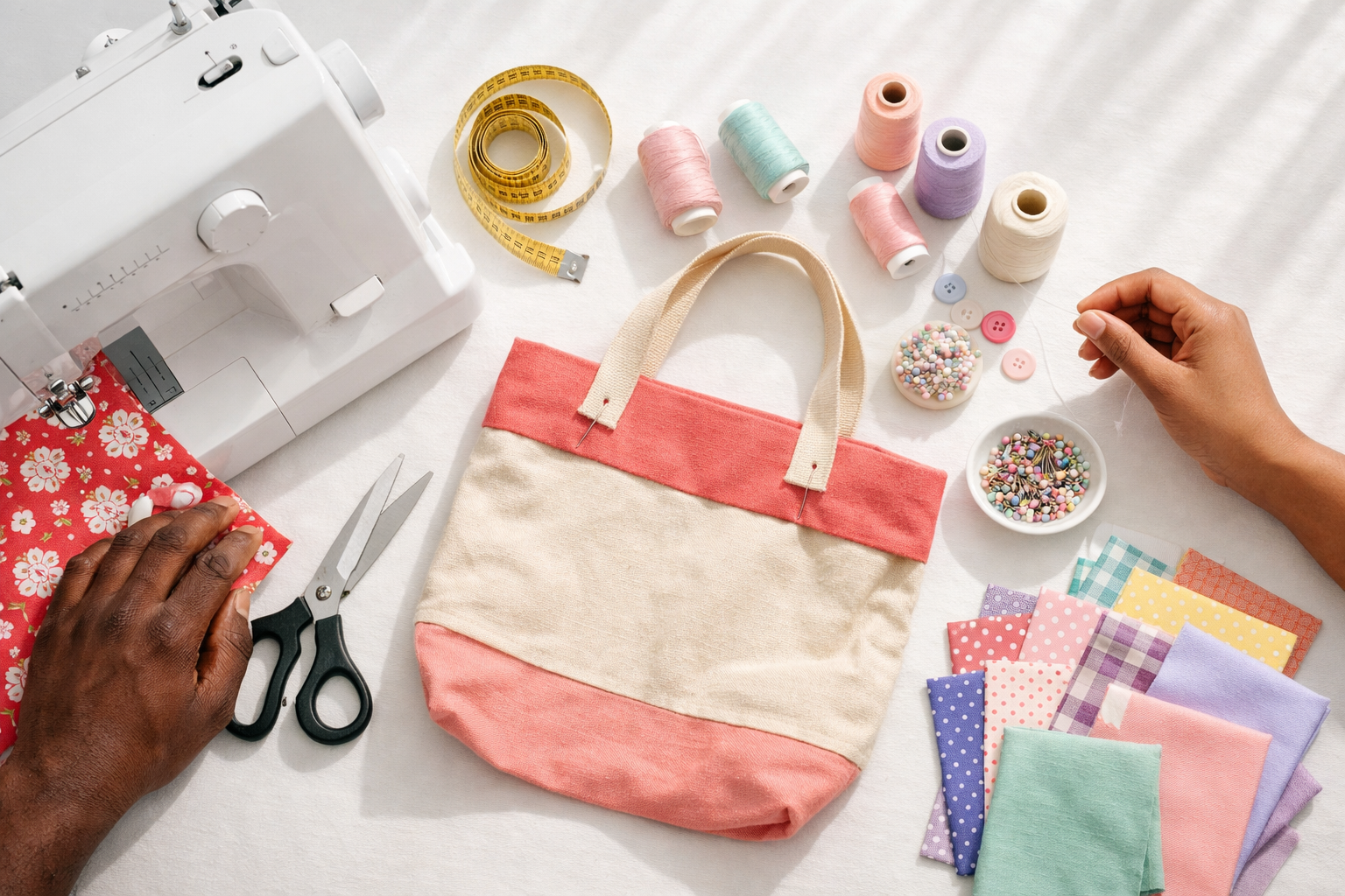 Professional () hero image showing a bright, inviting sewing workspace in natural daylight — clean white desk with a modern