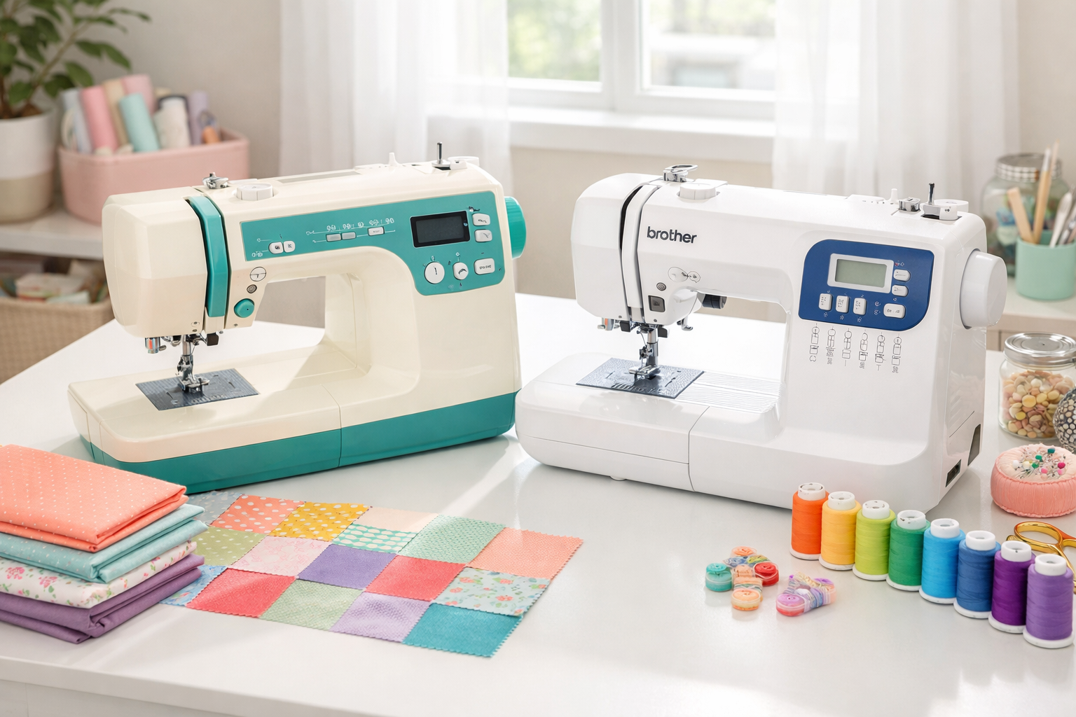 Professional () hero image showing a bright, one machine in Janome's signature cream and teal colors on the left, one in