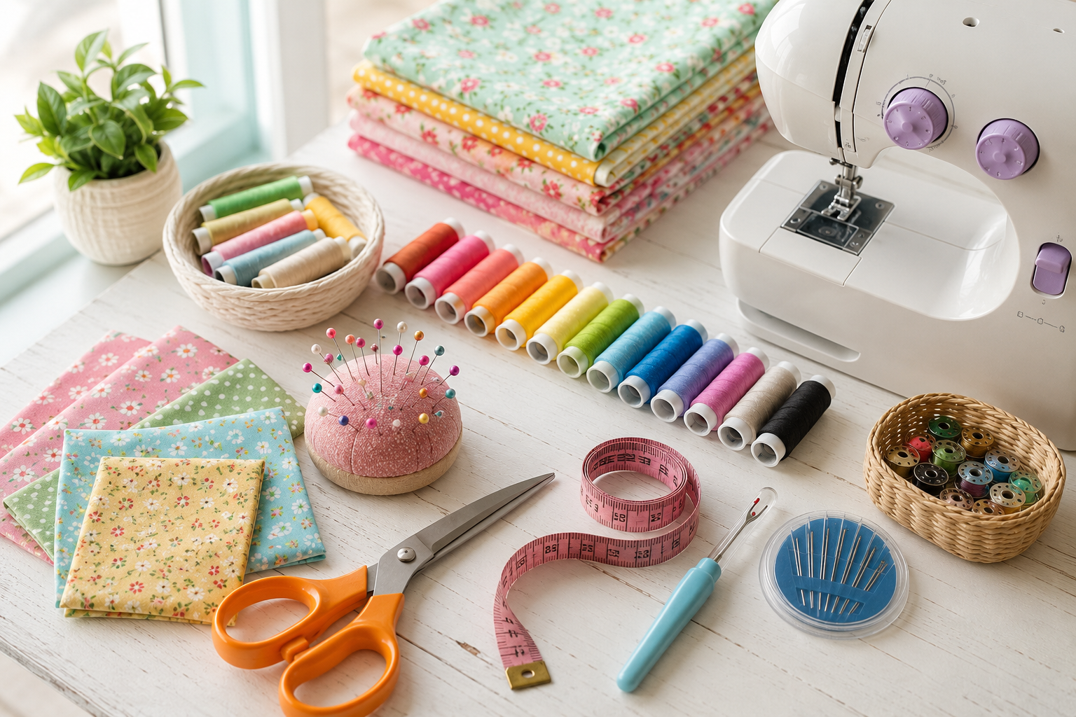Professional () hero image showing a bright, organized flat-lay of essential beginner sewing supplies on a clean white