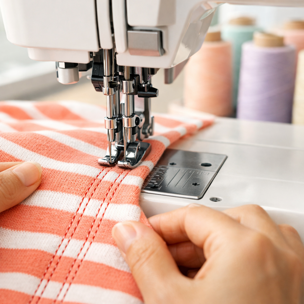 Professional () hero image showing a close-up editorial photograph of a coverstitch machine in action on a bright clean