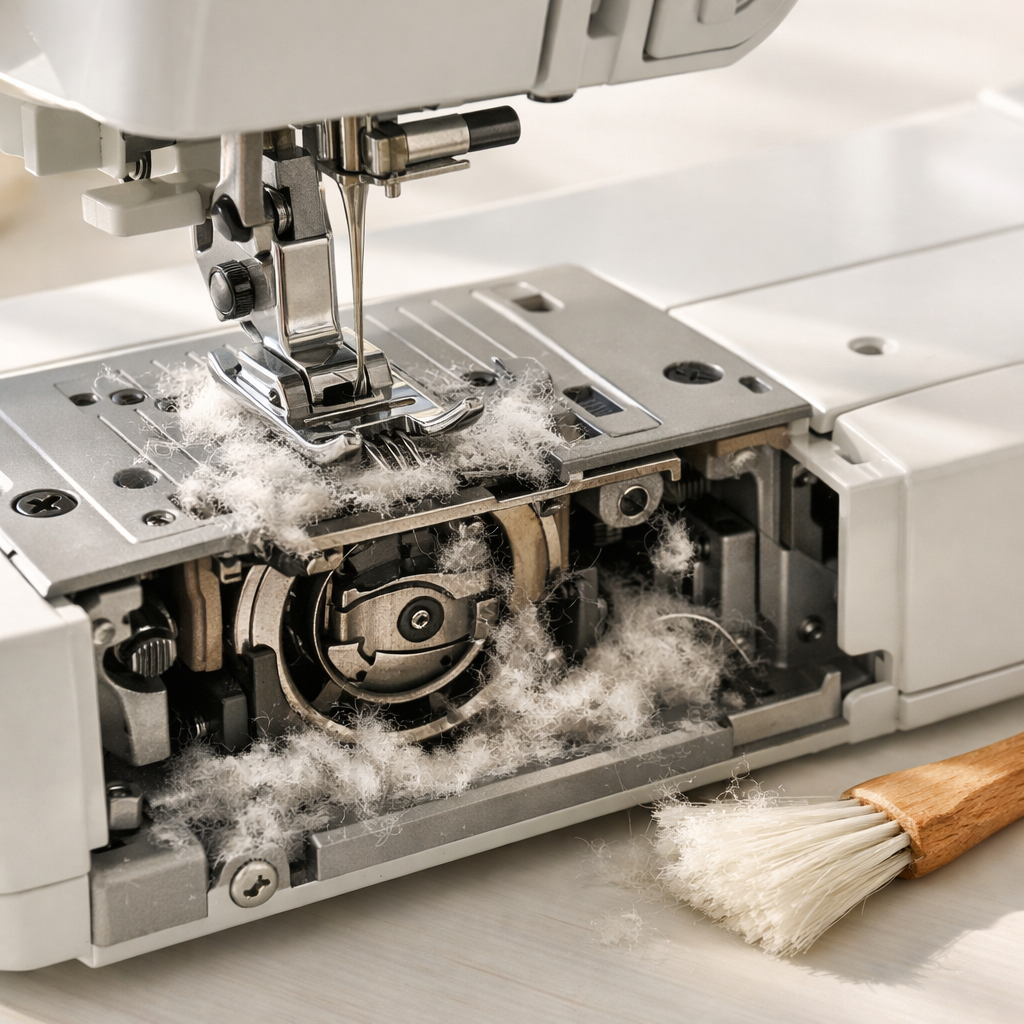 Professional () hero image showing a close-up editorial photograph of a modern sewing machine bobbin area in bright natural