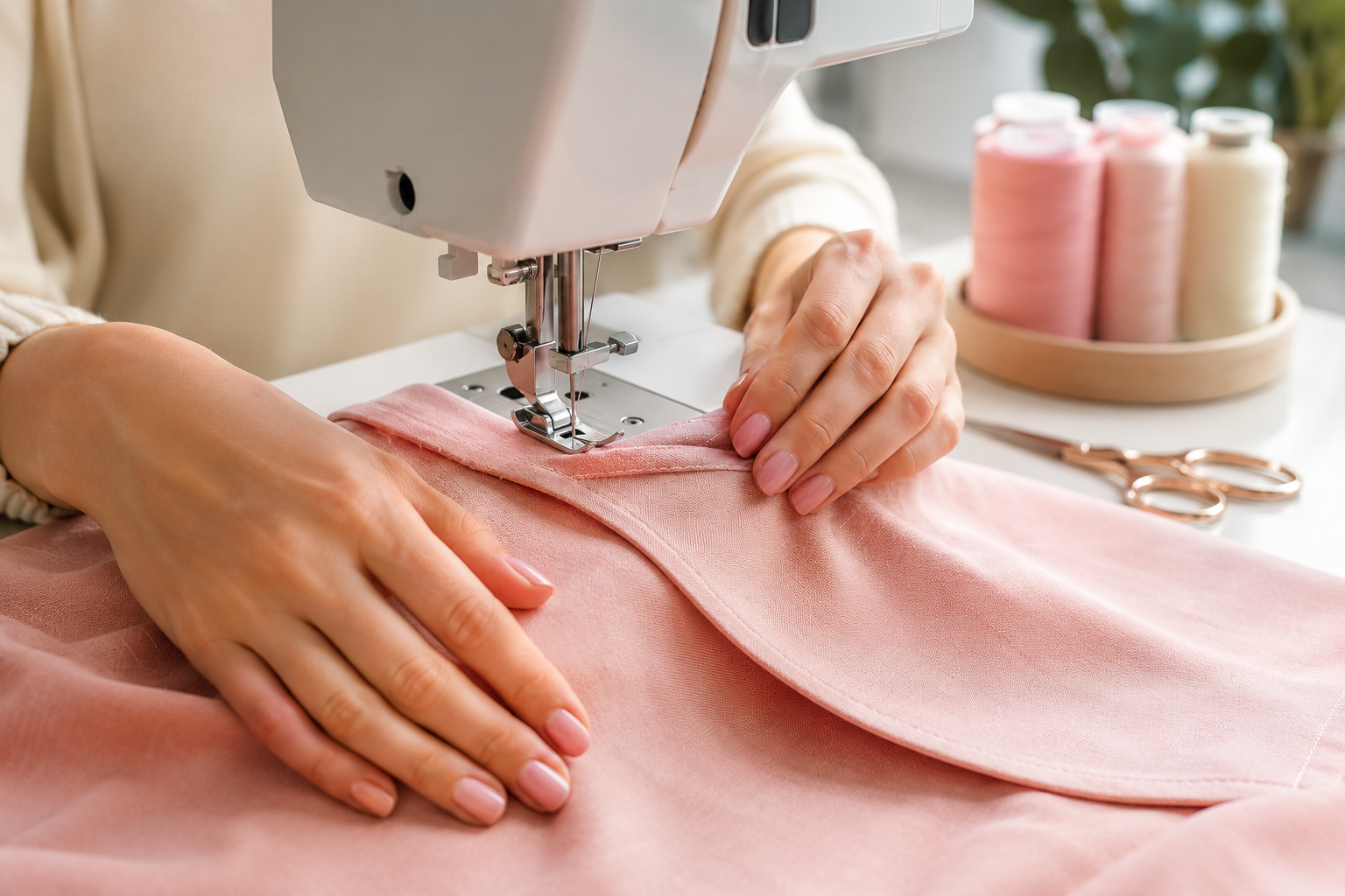 Professional () hero image showing a close-up editorial photograph of a neckline facing being understitched on a sewing