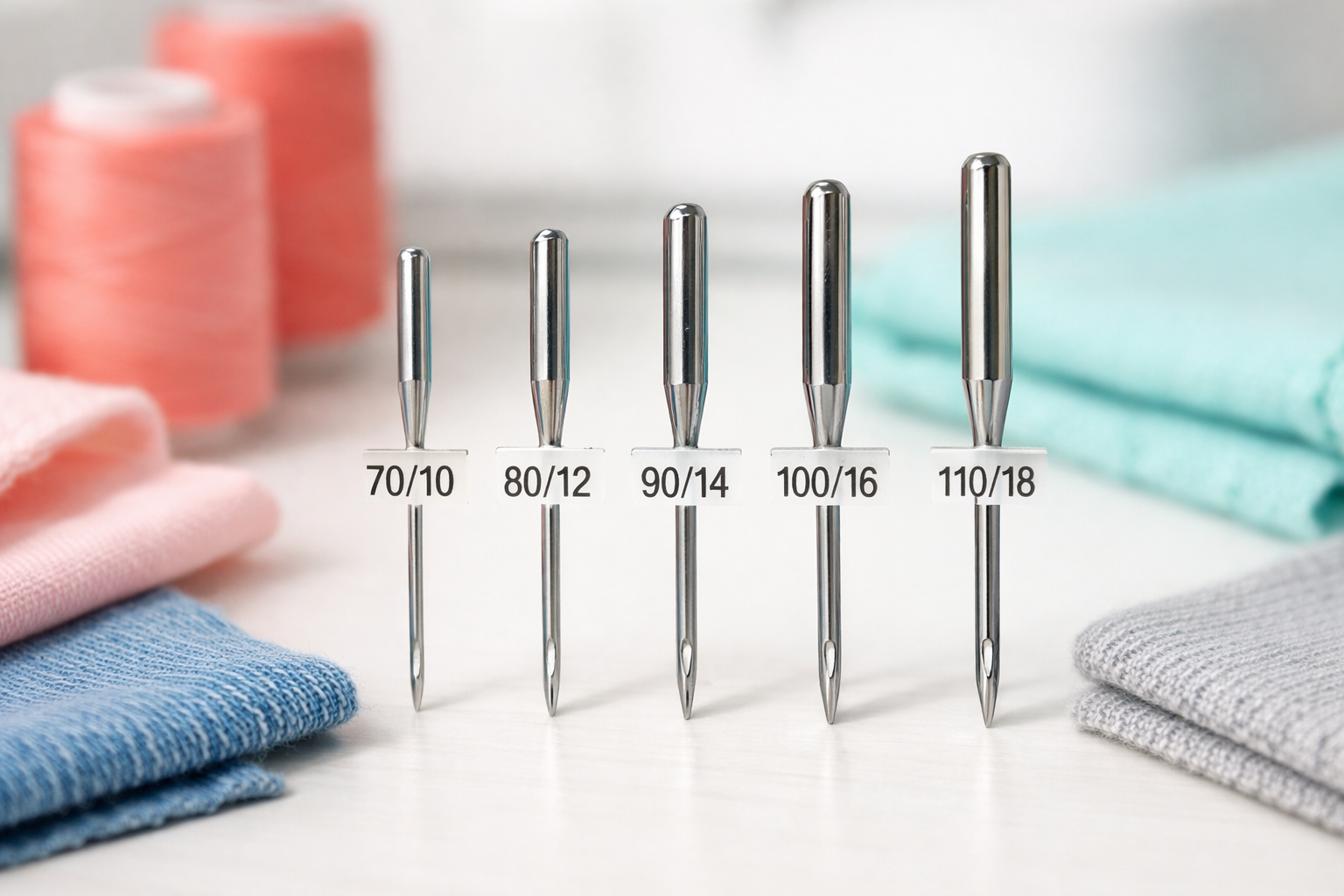 Professional () hero image showing a close-up editorial photograph of various sewing machine needles arranged in a from thin