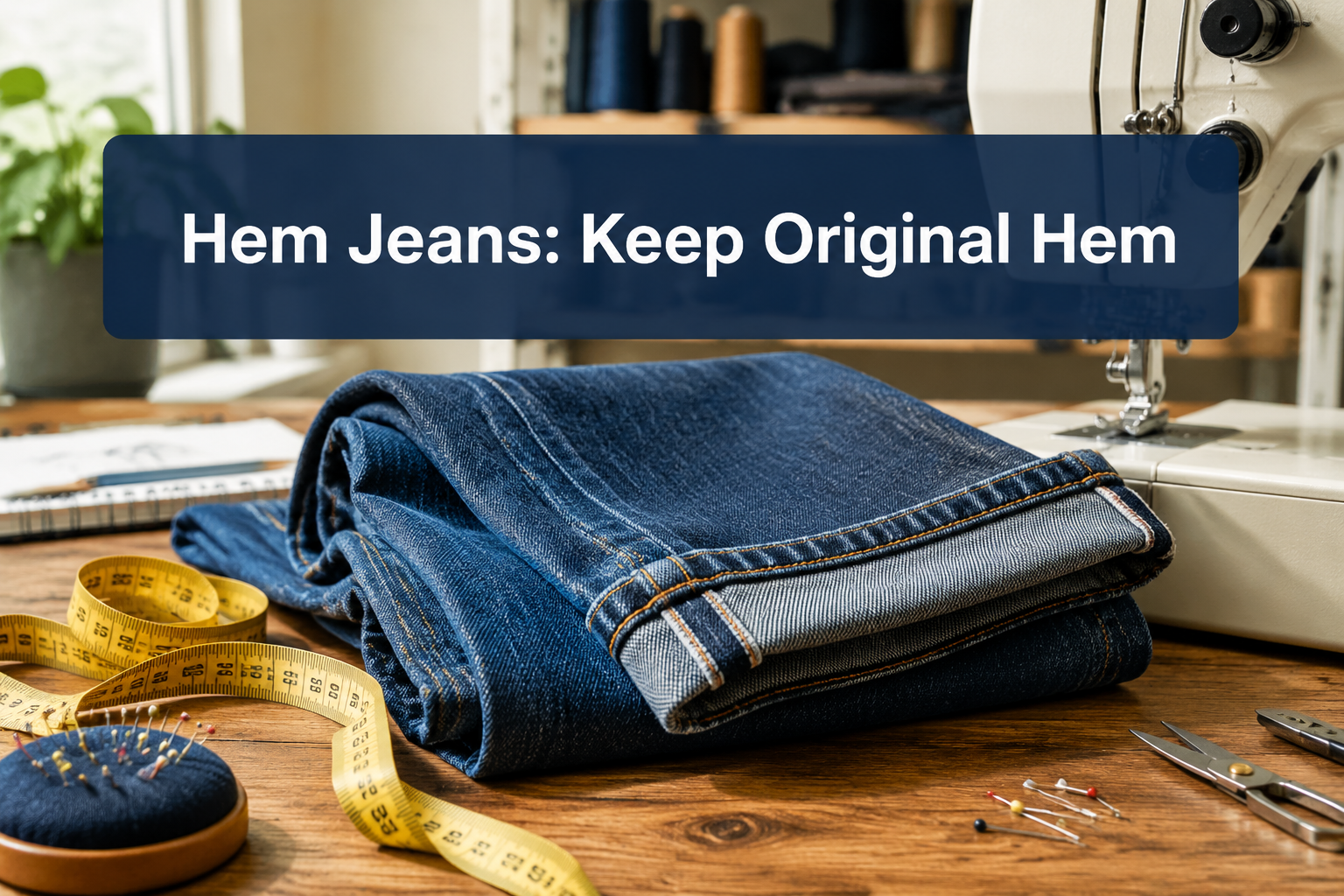 Professional () hero image with 'Hem Jeans: Keep Original Hem' (≤42 chars) in crisp white on a semi-transparent navy panel,