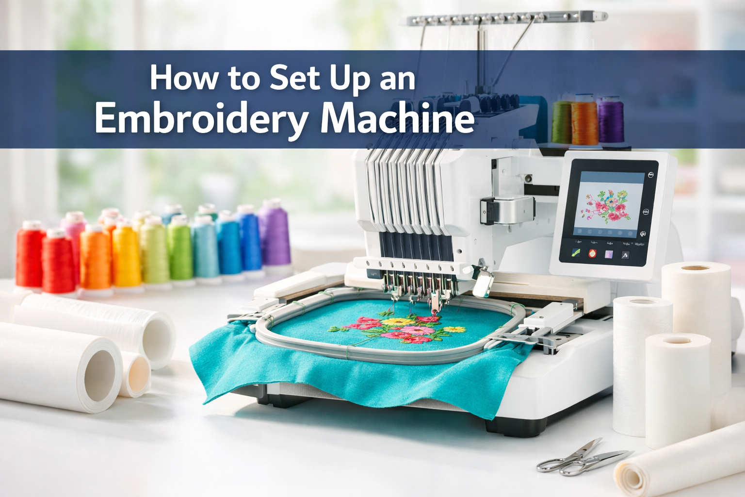 Professional () hero image with 'How to Set Up an Embroidery Machine' (≤42 chars) in crisp white on a semi-transparent navy