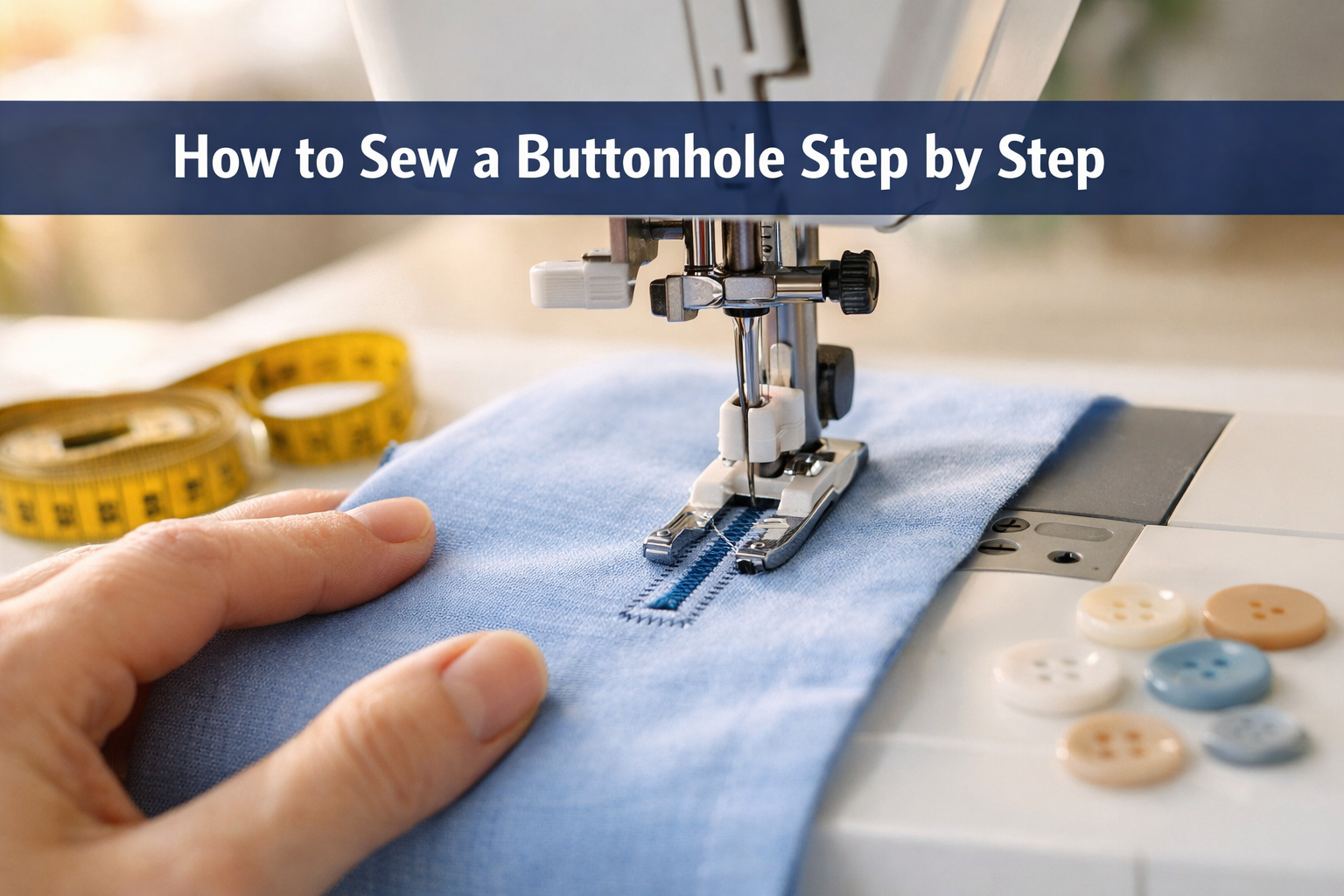 Professional () hero image with 'How to Sew a Buttonhole Step by Step' (≤42 chars) in crisp white on a semi-transparent navy