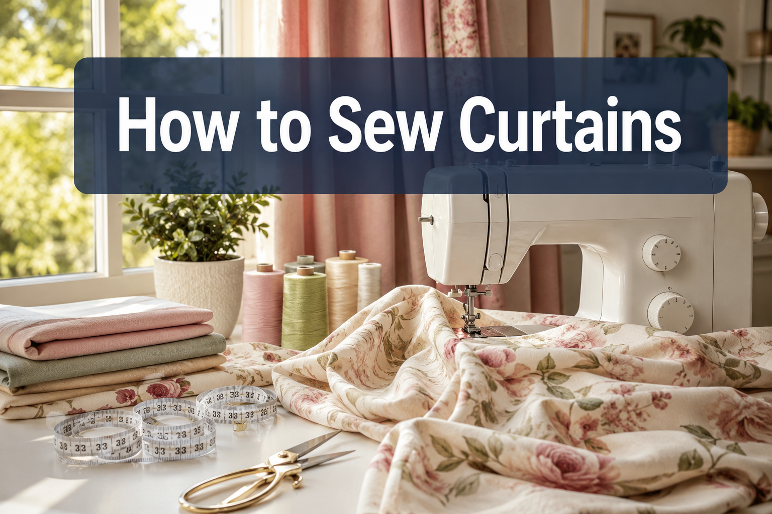 Professional () hero image with 'How to Sew Curtains' in clean white on a semi-transparent navy panel, centered in upper