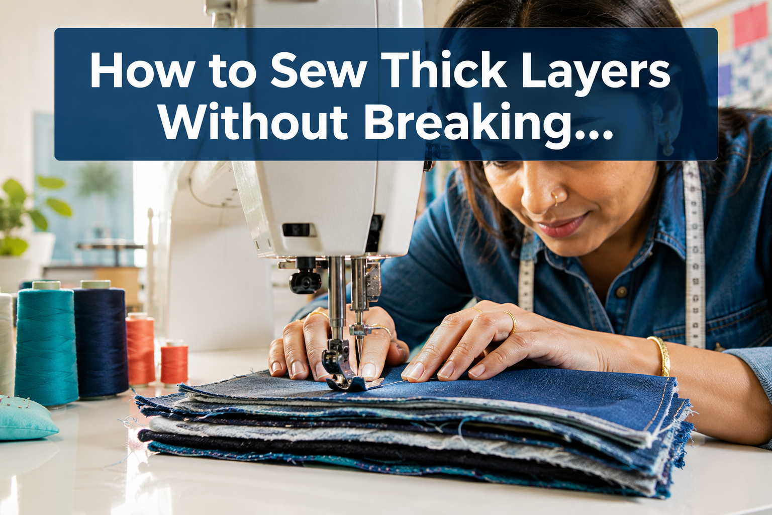 Professional () hero image with 'How to Sew Thick Layers Without Breaking…' (≤42 chars) in white on a semi-transparent navy