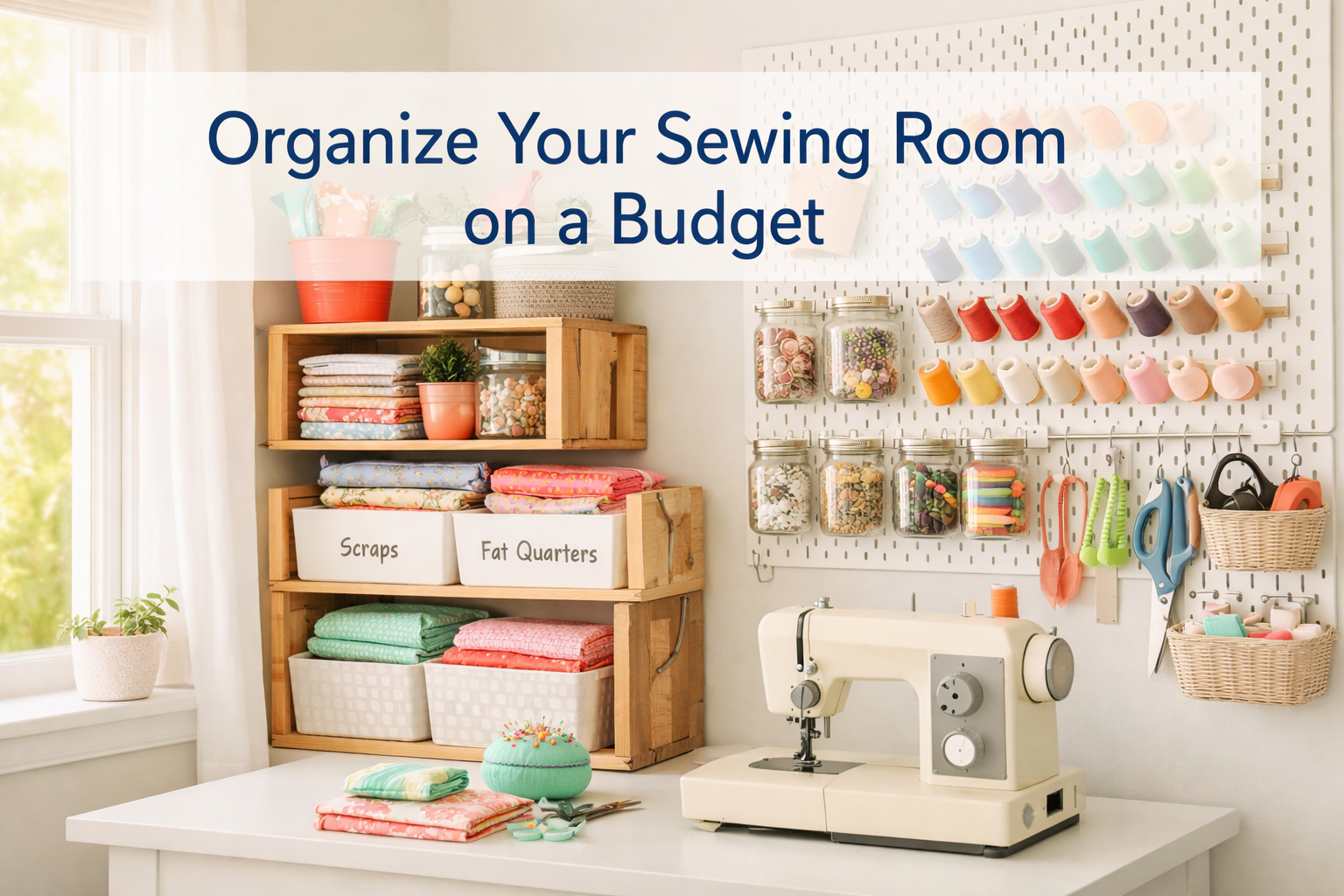 Professional () hero image with 'Organize Your Sewing Room on a Budget' (≤42 chars) in crisp navy on a clean white