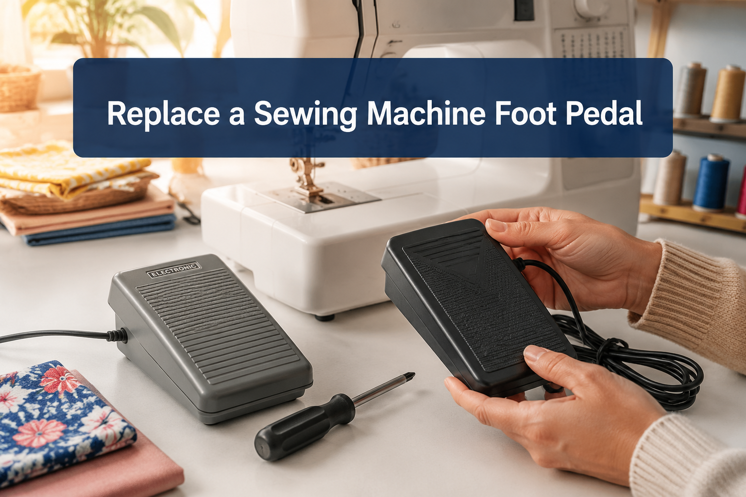 Professional () hero image with 'Replace a Sewing Machine Foot Pedal' (≤42 chars) in crisp white on a semi-transparent navy